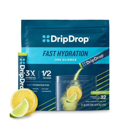 DripDrop Hydration - Lemon Lime - Electrolyte Drink Mix Single Serve Hydration Powder Packets | Non-GMO Gluten Free Vegan | 32 Sticks